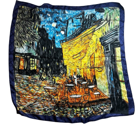 100% Silk Scarf – Colorful Blue Green Orange Abstract Art – Square 32.5” x 35” - Picture 4 of 9